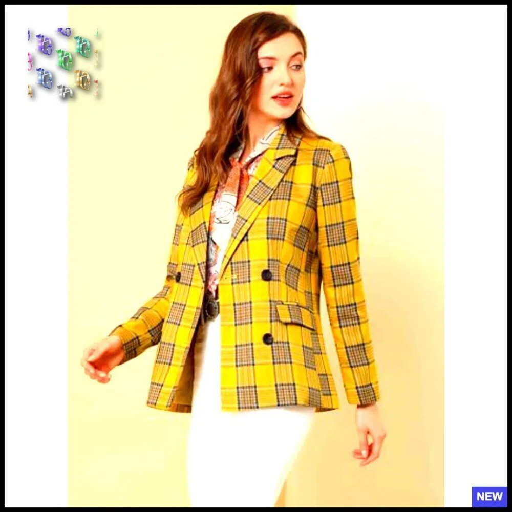 Notched Lapel Double Breasted Blazer Vintage Plaid Formal Work Office Chic